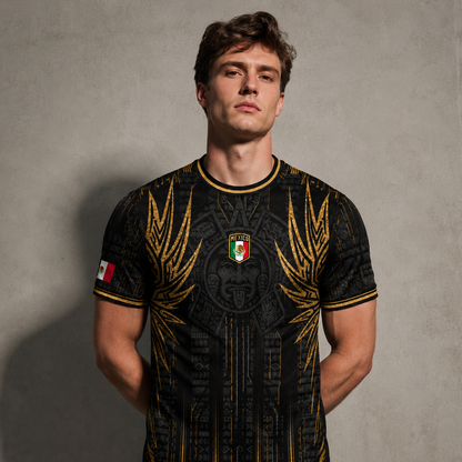 SJ-283-Adult/Youth Black Gold Mexico Aztec Calendar Clothing Set Graphic Soccer Jersey Cultural Pride Matching Apparel FREE SHIPING