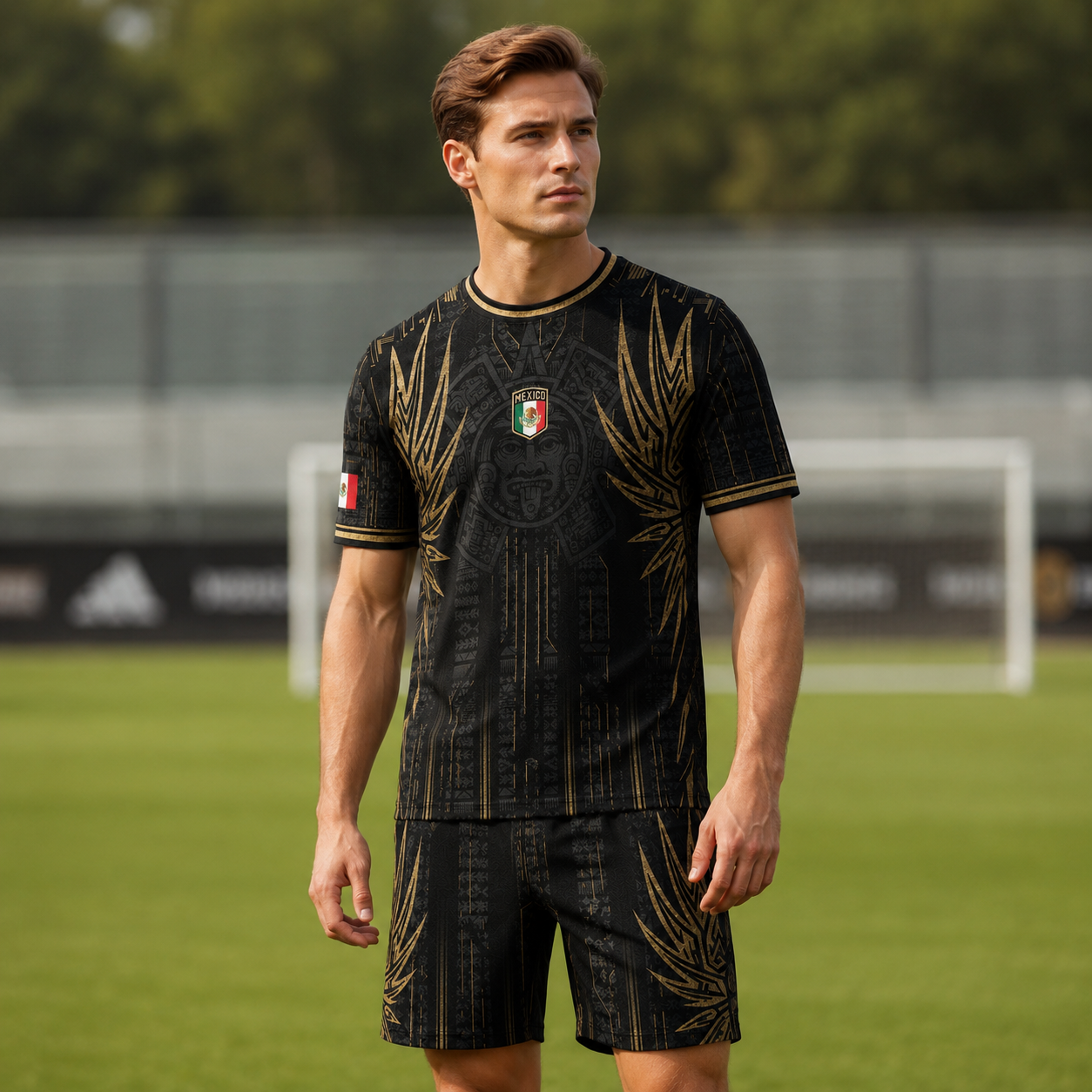 SJ-283-Adult/Youth Black Gold Mexico Aztec Calendar Clothing Set Graphic Soccer Jersey Cultural Pride Matching Apparel FREE SHIPING