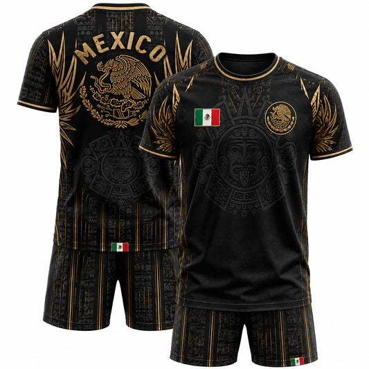 SJ-291-Adult/Youth Mexico Aztec Calendar Soccer Jersey, Black Gold Patriotic Football Shirt Tournament Fan Wear Custom FREE SHIPING