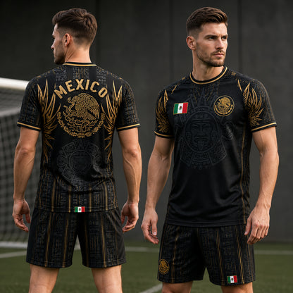SJ-291-Adult/Youth Mexico Aztec Calendar Soccer Jersey, Black Gold Patriotic Football Shirt Tournament Fan Wear Custom FREE SHIPING