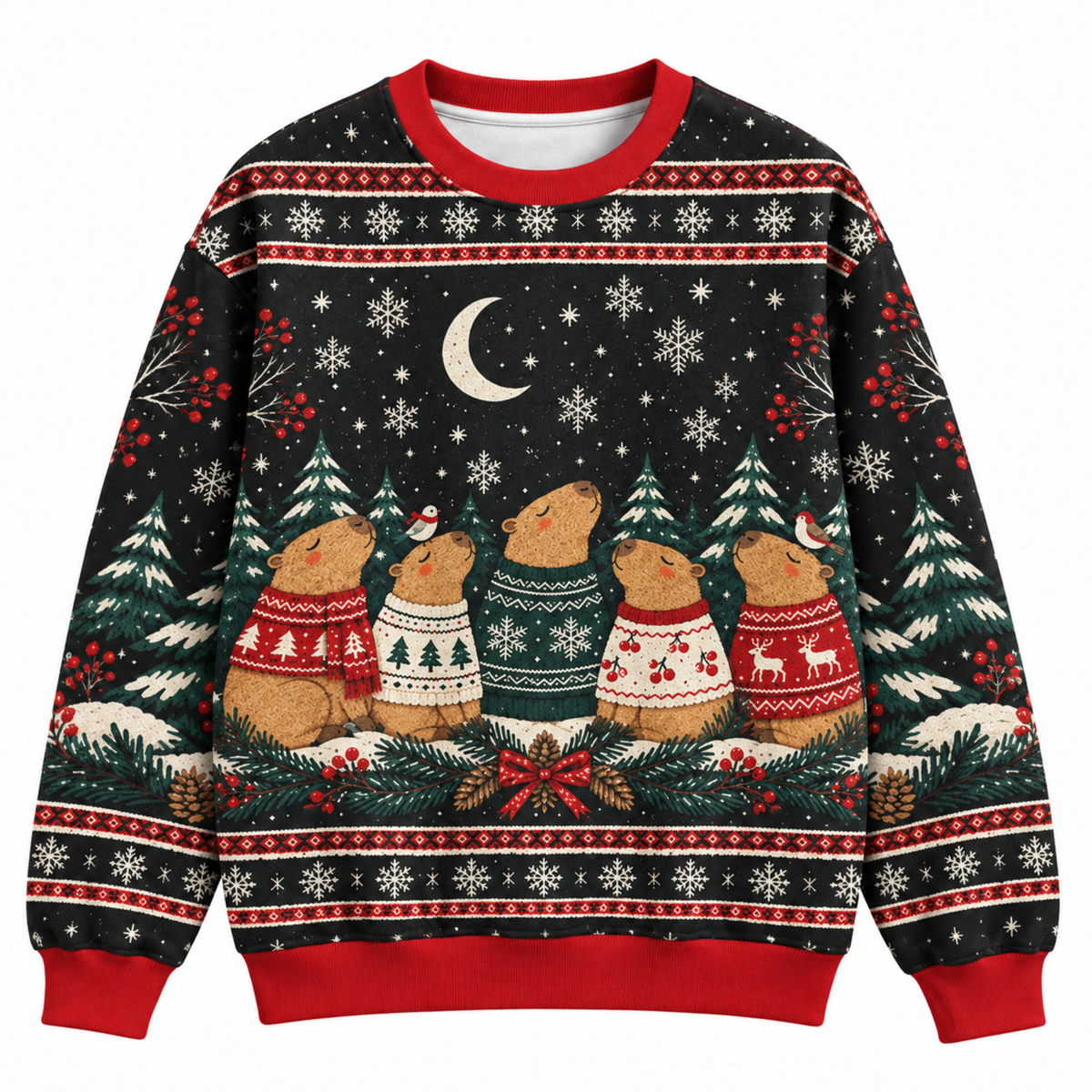 M2082-Christmas Capybara Ugly Sweater, Cozy Winter Snowflake Holiday Capybara Lover Gift