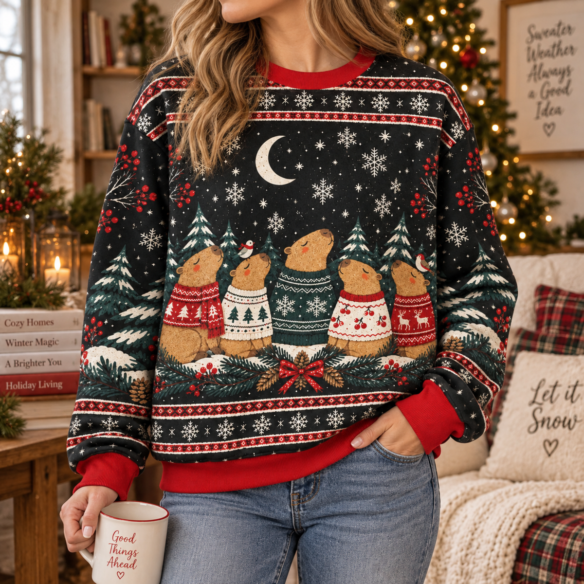 M2082-Christmas Capybara Ugly Sweater, Cozy Winter Snowflake Holiday Capybara Lover Gift