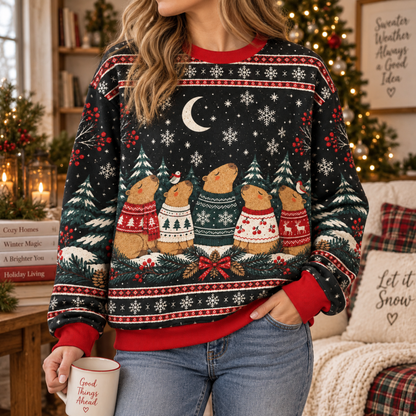 M2082-Christmas Capybara Ugly Sweater, Cozy Winter Snowflake Holiday Capybara Lover Gift