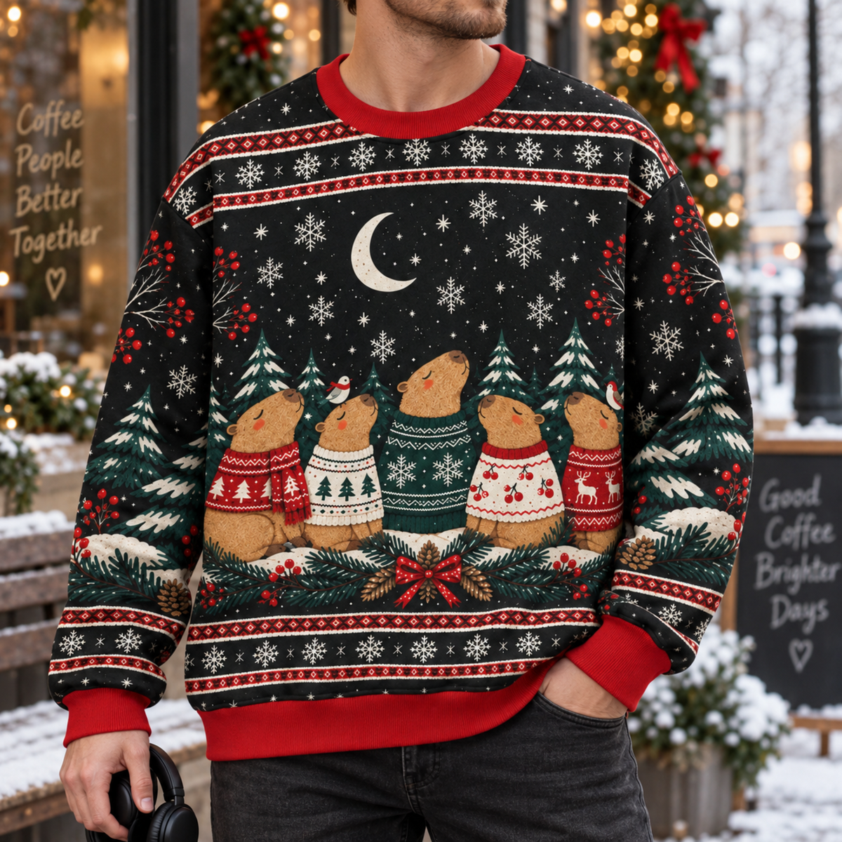 M2082-Christmas Capybara Ugly Sweater, Cozy Winter Snowflake Holiday Capybara Lover Gift