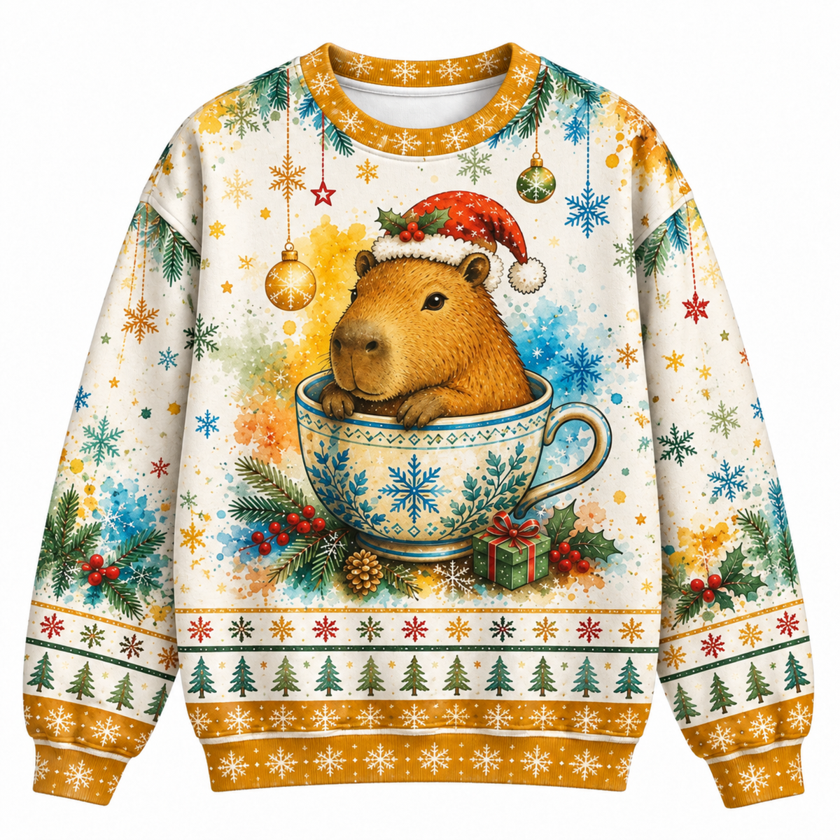 M2083-Christmas Capybara Tea Cup, Santa Hat Snowflake Cozy Winter Holiday Animal Design