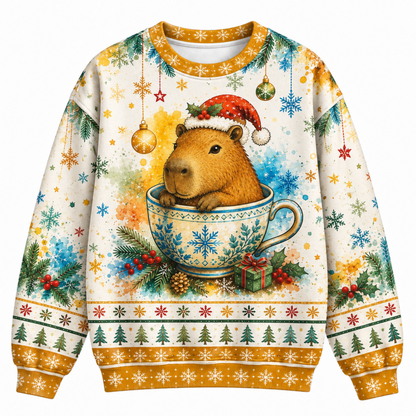 M2083-Christmas Capybara Tea Cup, Santa Hat Snowflake Cozy Winter Holiday Animal Design