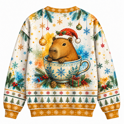 M2083-Christmas Capybara Tea Cup, Santa Hat Snowflake Cozy Winter Holiday Animal Design