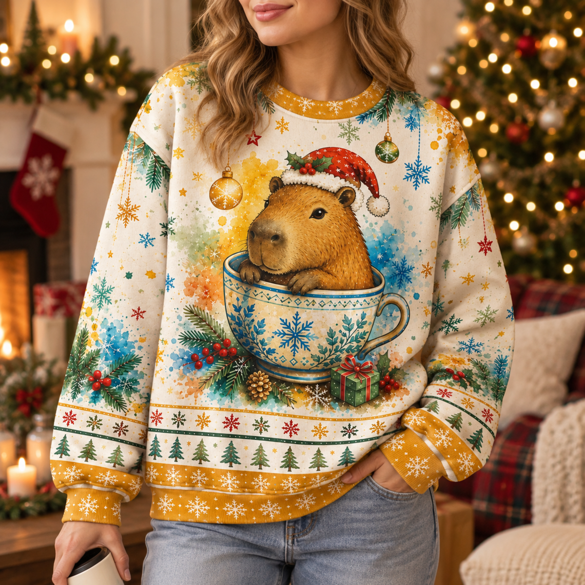 M2083-Christmas Capybara Tea Cup, Santa Hat Snowflake Cozy Winter Holiday Animal Design
