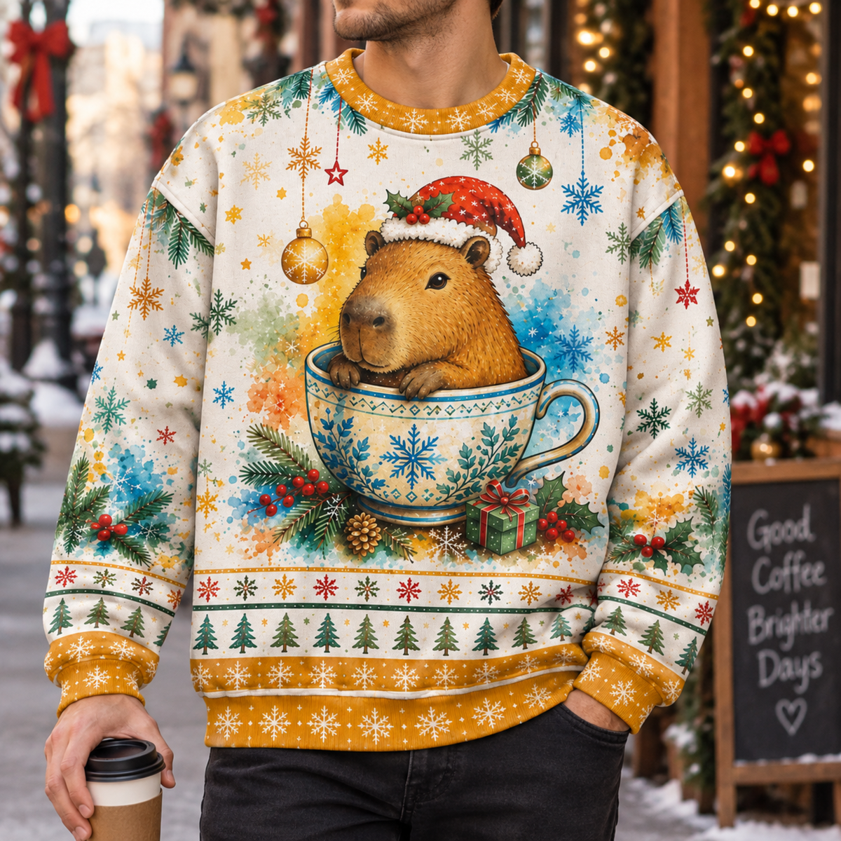 M2083-Christmas Capybara Tea Cup, Santa Hat Snowflake Cozy Winter Holiday Animal Design
