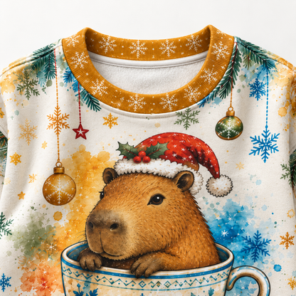 M2083-Christmas Capybara Tea Cup, Santa Hat Snowflake Cozy Winter Holiday Animal Design