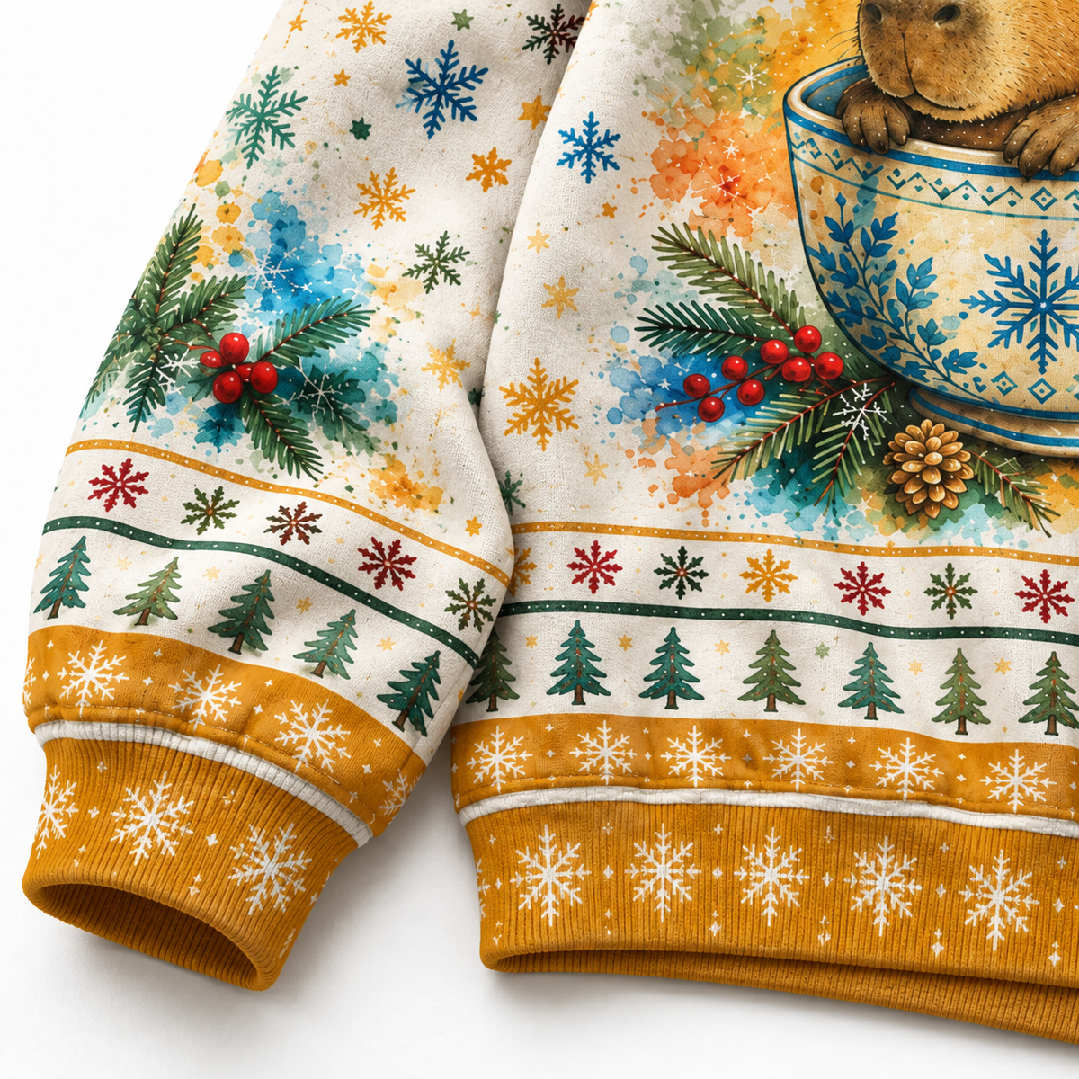 M2083-Christmas Capybara Tea Cup, Santa Hat Snowflake Cozy Winter Holiday Animal Design