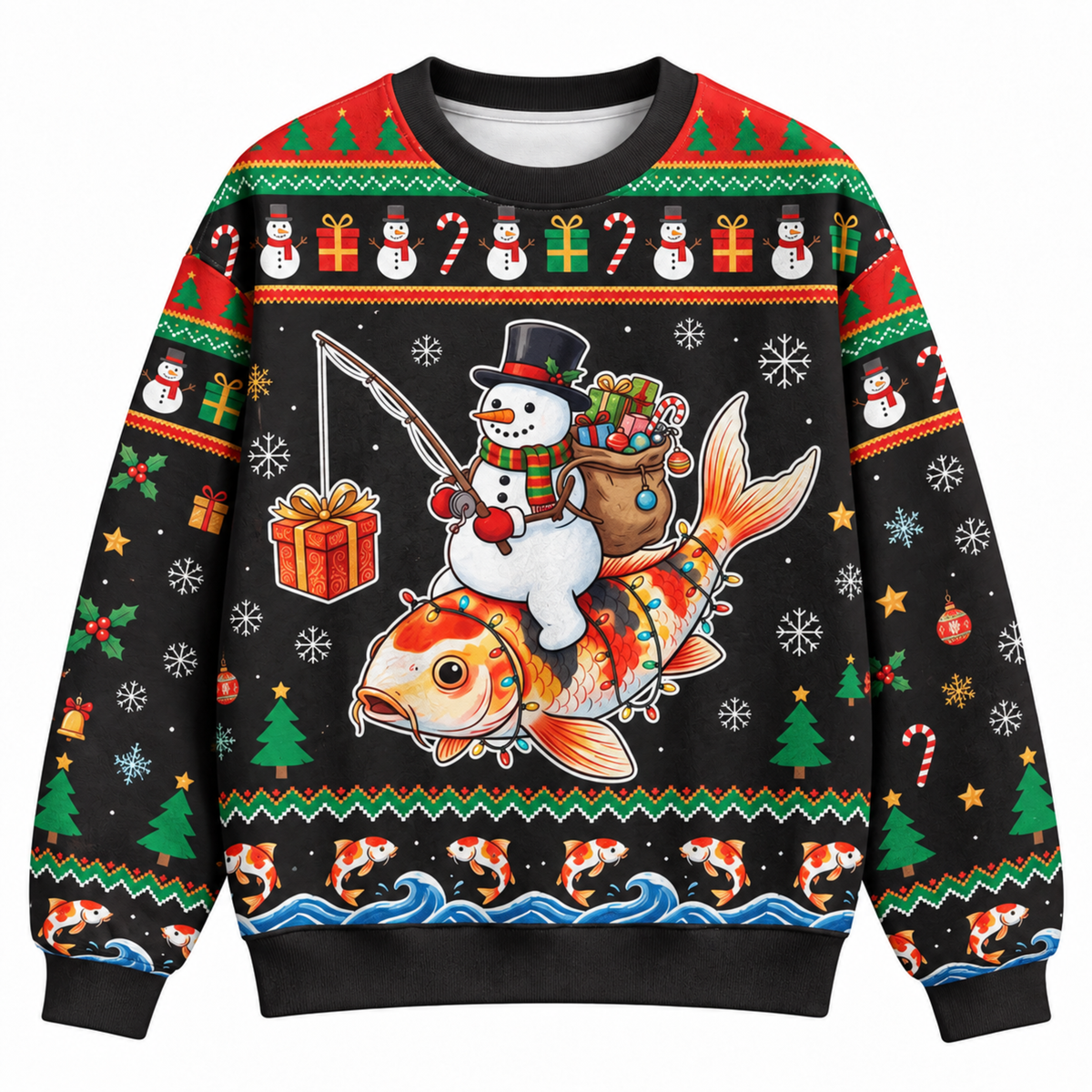 M2085-Christmas Snowman Koi Fish Collection, Funny Fishing Holiday Winter Festive Apparel
