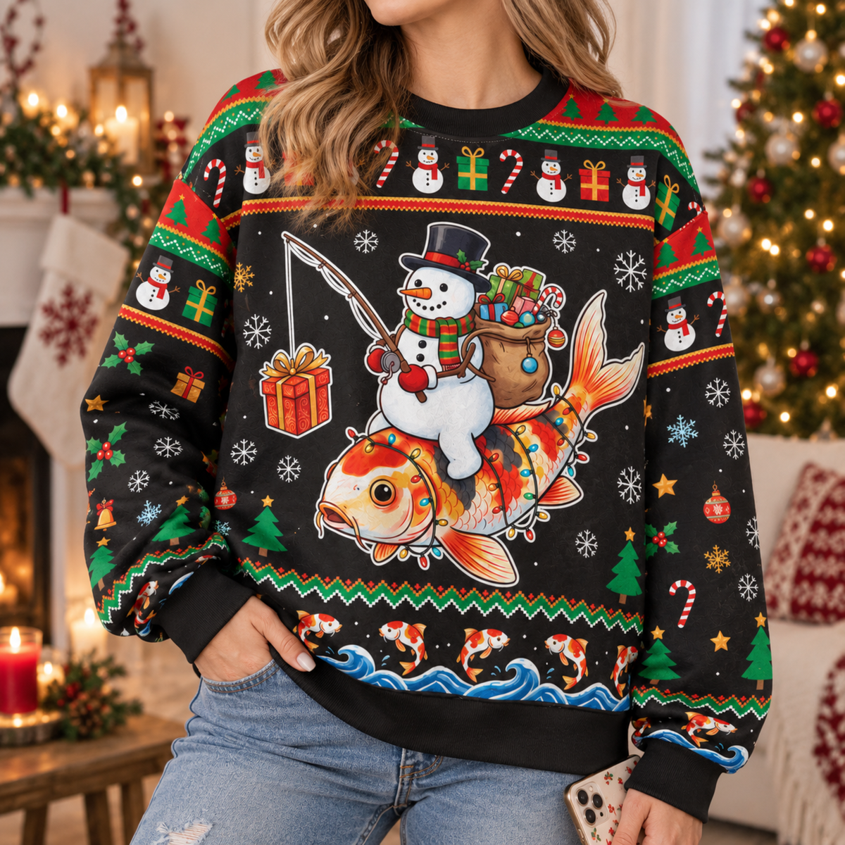 M2085-Christmas Snowman Koi Fish Collection, Funny Fishing Holiday Winter Festive Apparel