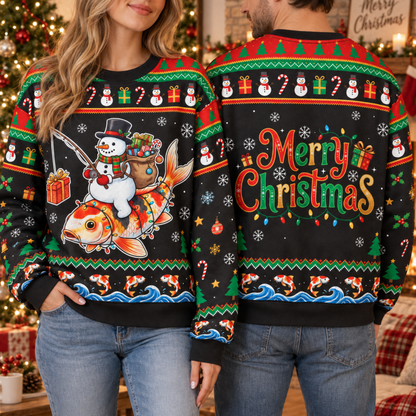 M2085-Christmas Snowman Koi Fish Collection, Funny Fishing Holiday Winter Festive Apparel