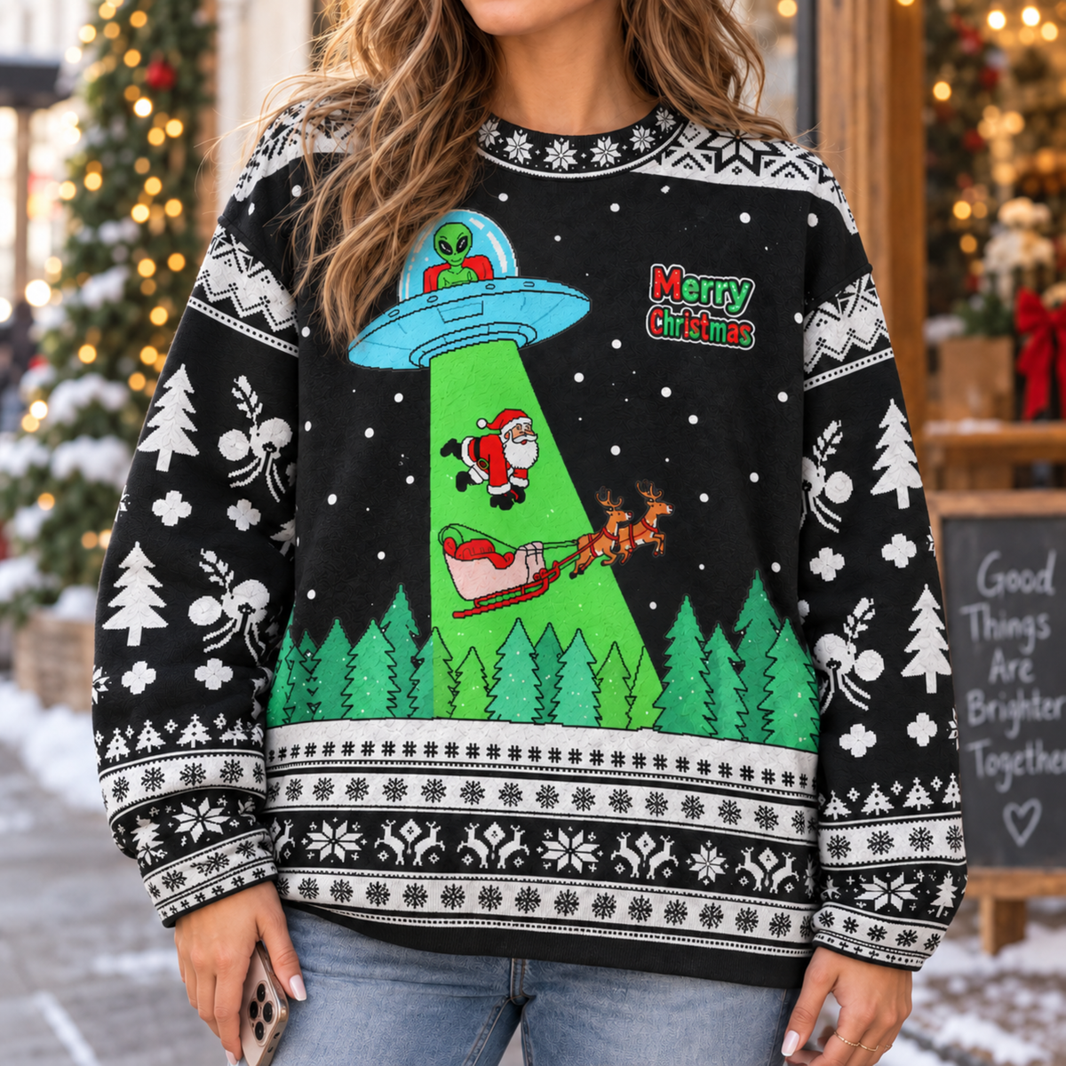M2086-Alien Santa Christmas Collection, Funny UFO Abduction Reindeer Holiday Festive Apparel