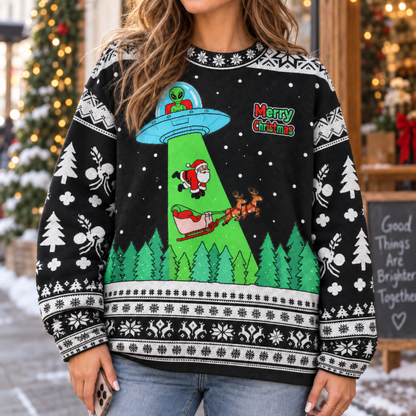 M2086-Alien Santa Christmas Collection, Funny UFO Abduction Reindeer Holiday Festive Apparel