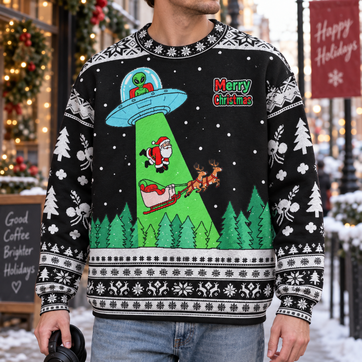 M2086-Alien Santa Christmas Collection, Funny UFO Abduction Reindeer Holiday Festive Apparel