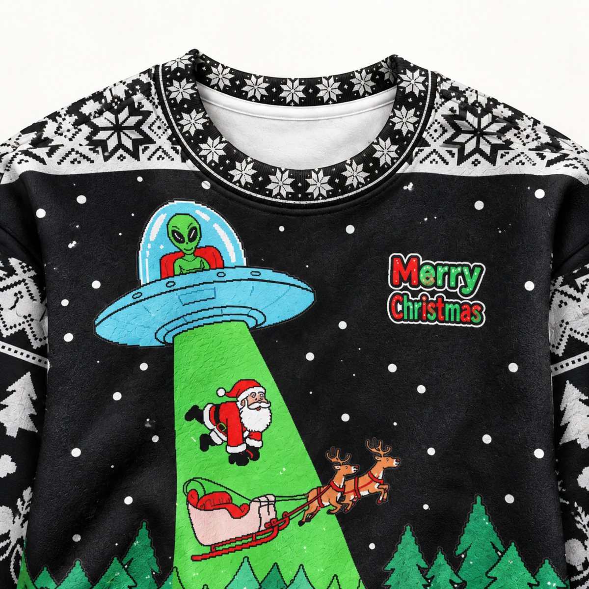 M2086-Alien Santa Christmas Collection, Funny UFO Abduction Reindeer Holiday Festive Apparel