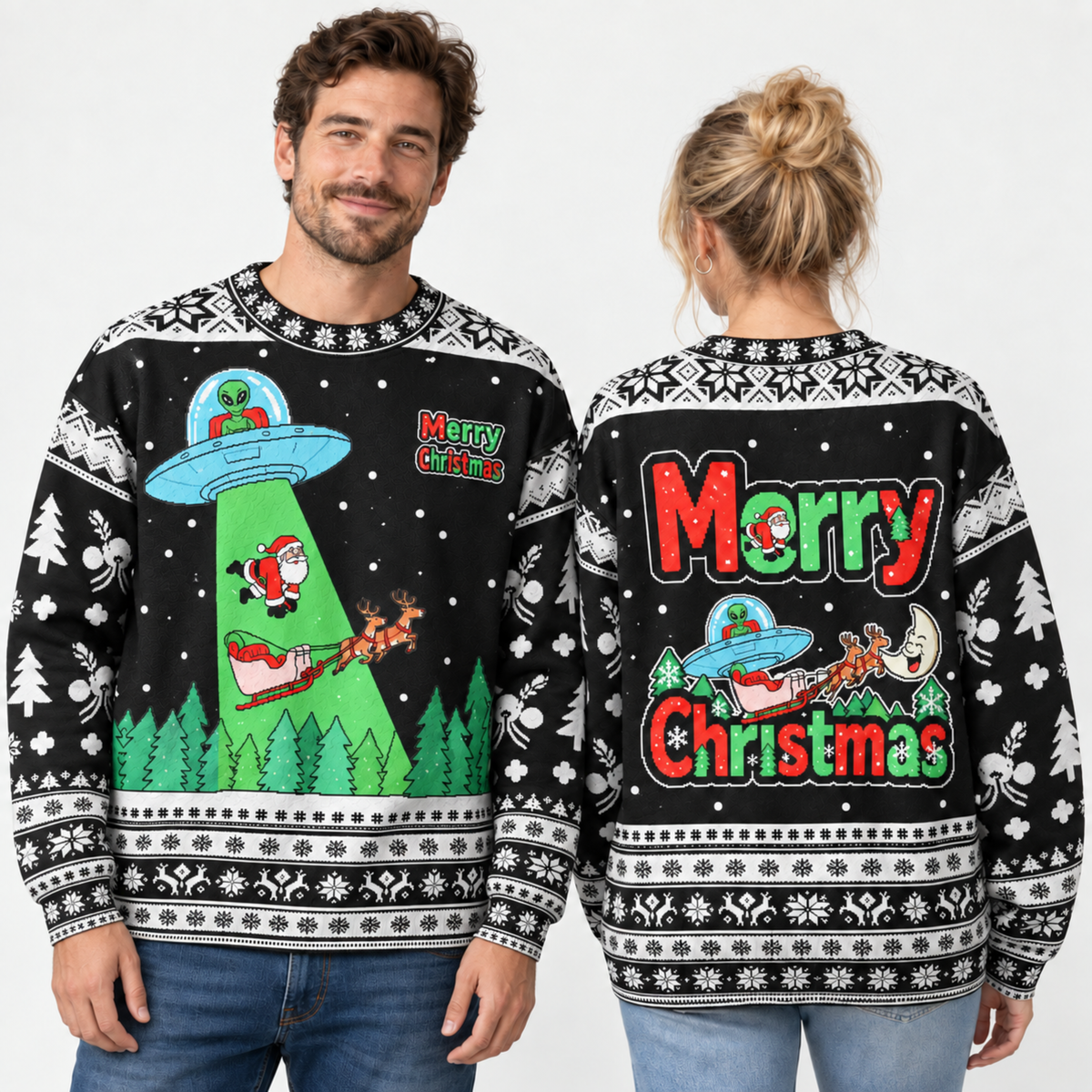 M2086-Alien Santa Christmas Collection, Funny UFO Abduction Reindeer Holiday Festive Apparel