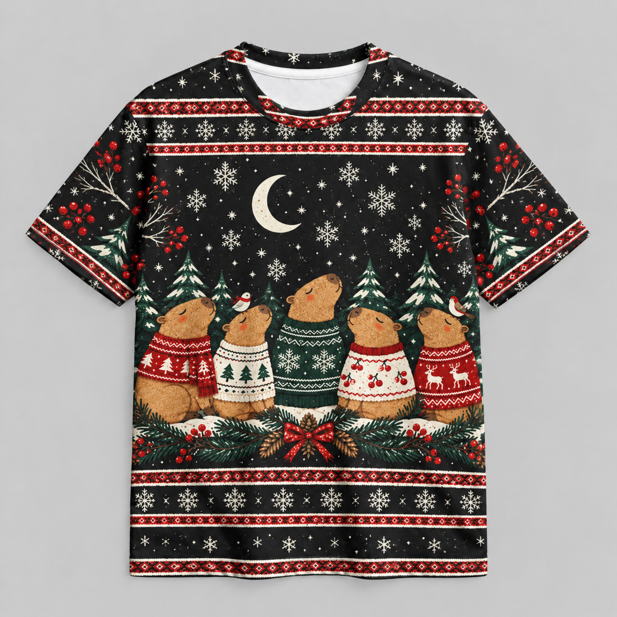 M2082-Christmas Capybara Ugly Sweater, Cozy Winter Snowflake Holiday Capybara Lover Gift