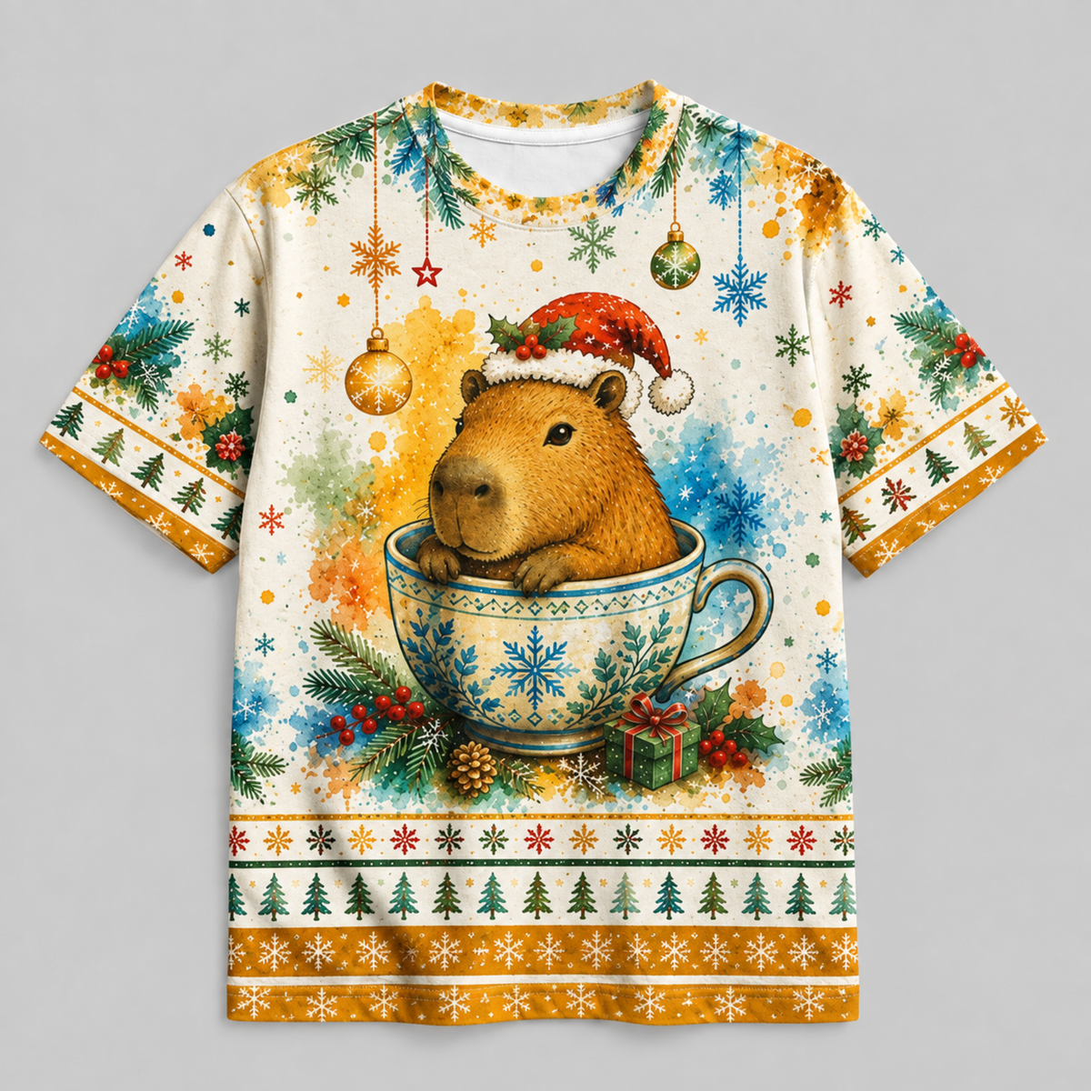 M2083-Christmas Capybara Tea Cup, Santa Hat Snowflake Cozy Winter Holiday Animal Design