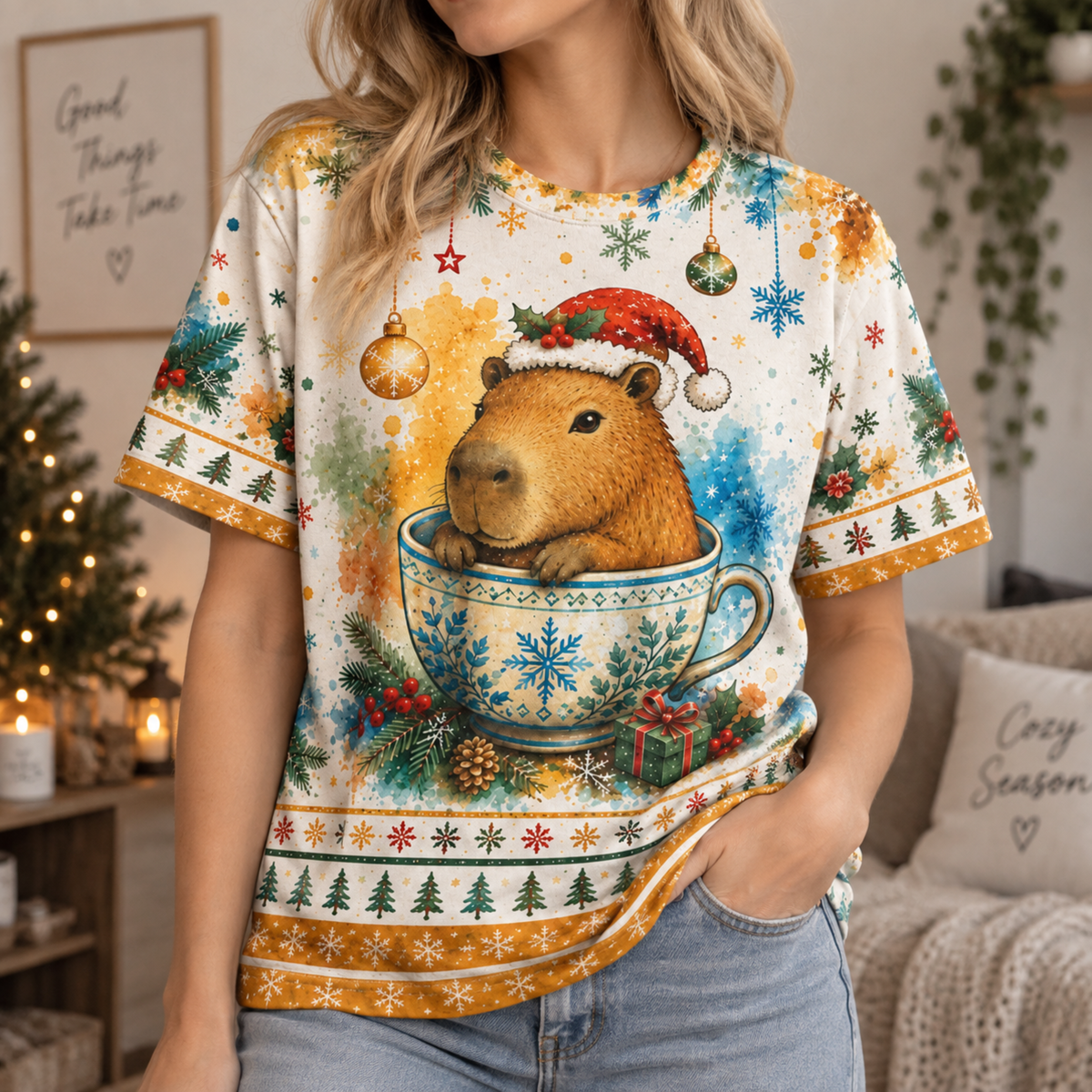 M2083-Christmas Capybara Tea Cup, Santa Hat Snowflake Cozy Winter Holiday Animal Design
