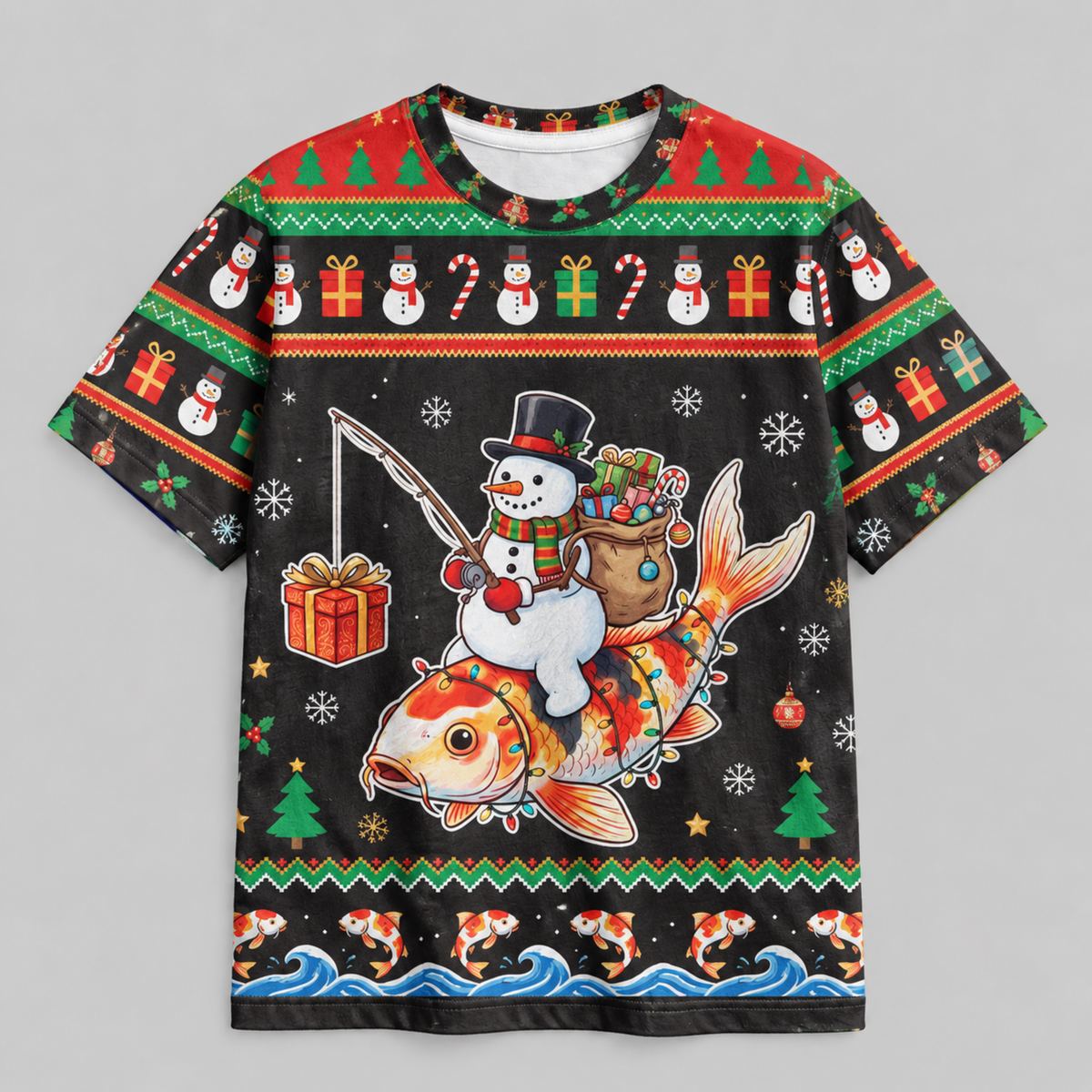 M2085-Christmas Snowman Koi Fish Collection, Funny Fishing Holiday Winter Festive Apparel
