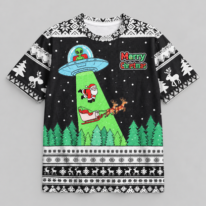 M2086-Alien Santa Christmas Collection, Funny UFO Abduction Reindeer Holiday Festive Apparel