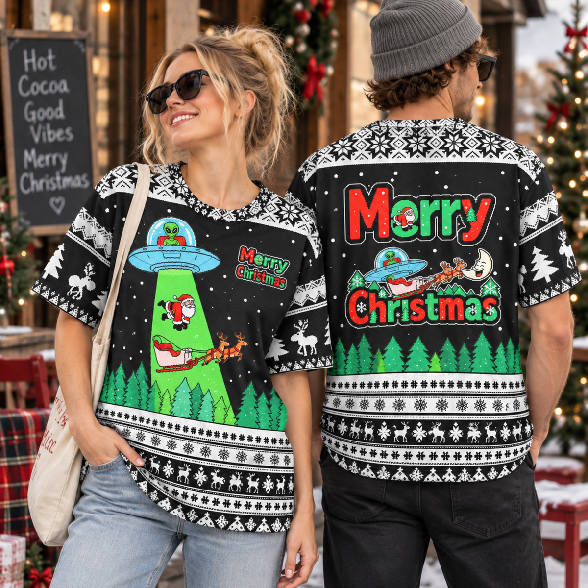 M2086-Alien Santa Christmas Collection, Funny UFO Abduction Reindeer Holiday Festive Apparel