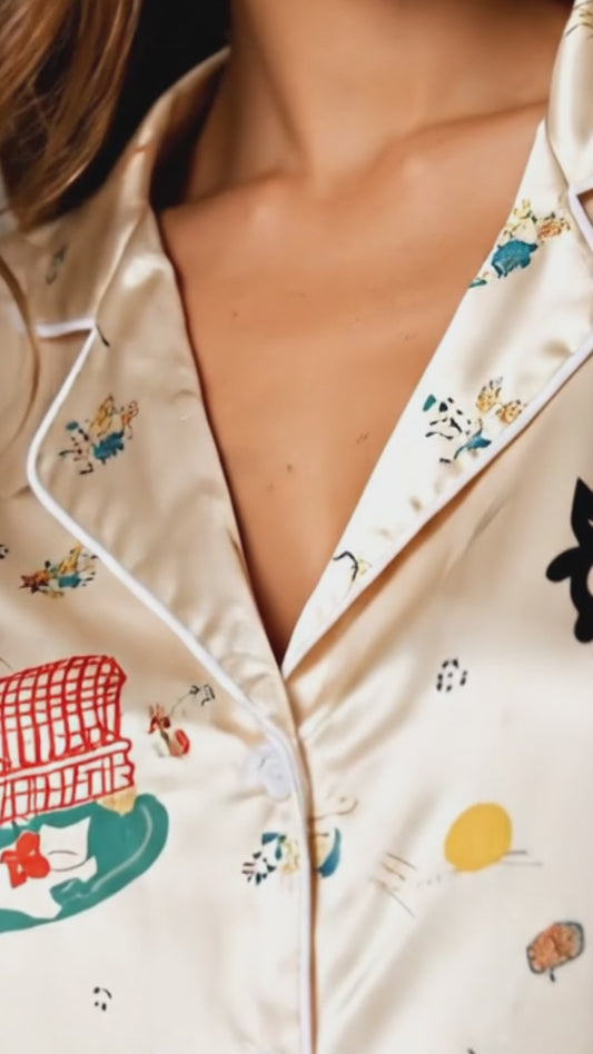 PJ-104-Unisex Cream Satin Whimsical Feline Theme Pajamas Button Up Sleepwear Nightwear Loungewear Animal Clothing Set FREE SHIPING