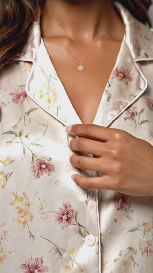 PJ-108-Pink Ditsy Floral Print Satin Pajamas Wildflower Cottagecore Loungewear Sleepwear Nightwear Pjs Two Piece Set FREE SHIPING