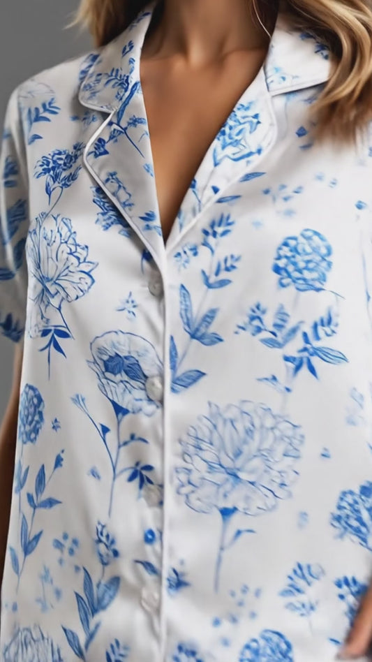PJ-187-Elegant Blue Flower Satin Pajama Set With Button Up Top And Soft Matching Sleepwear Bottoms