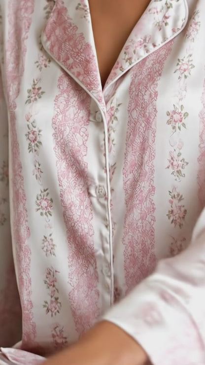 PJ-125-Vertical Floral Ribbon Pattern Pajamas Luxury Satin Cottage Garden Theme Boxy Fit Loungewear Sleepwear Nightwear Apparel Set