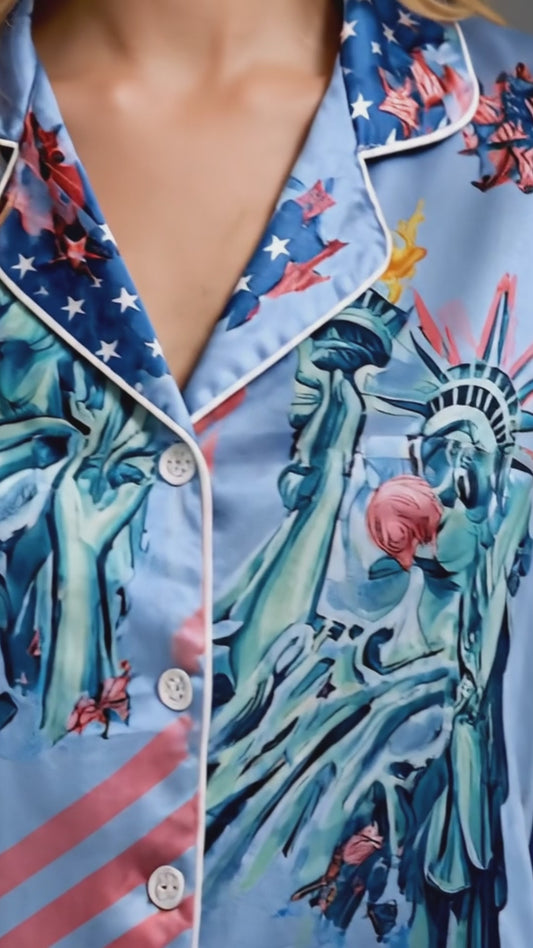 PJ-209-Unisex Satin Pajamas with American Flag Statue of Liberty Print Button Front Sleepwear Set