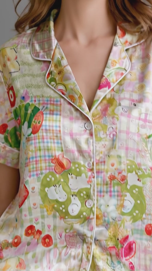 PJ-159-Satin Pastel Patchwork Storybook Picnic White Piping Button Up Pajama Set FREE SHIPING