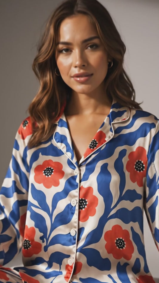 PJ-124-Abstract Botanical Pattern Pajamas Luxury Satin Cobalt Blue Leaf Theme Boxy Fit Loungewear Sleepwear Nightwear Apparel Set FREE SHIPPING