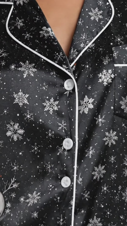 PJ-249-Black Snowman Snowflake Satin Pajama Set, Winter Holiday Graphic Loungewear Sleepwear Collection Outfit FREE SHIPPING