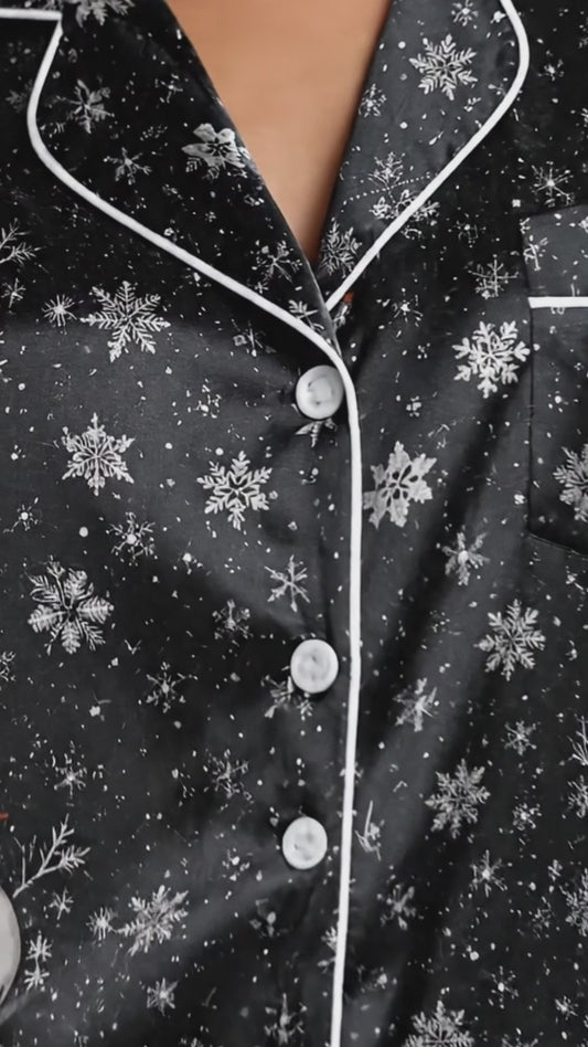 PJ-249-Black Snowman Snowflake Satin Pajama Set, Winter Holiday Graphic Loungewear Sleepwear Collection Outfit
