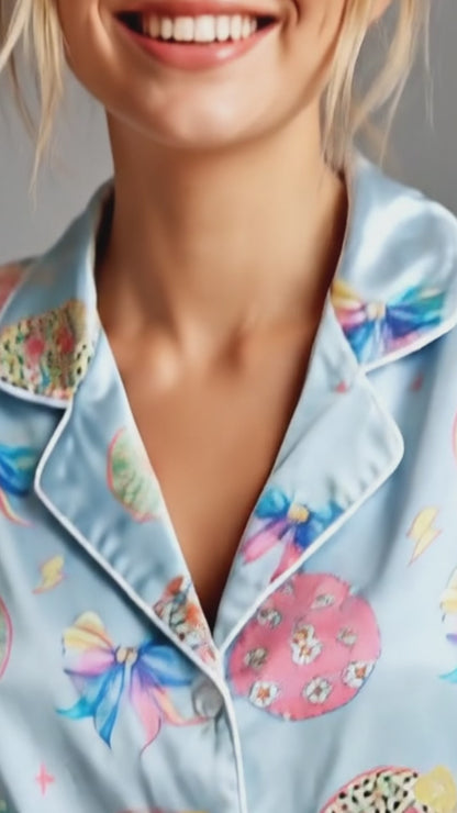 PJ-236- Satin Pajama Set with Pastel Smiley Bow Print Button Down Sleepwear Shirt and Pants FREE SHIPING