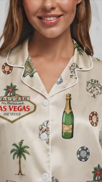 PJ-001-Cream Las Vegas Casino Satin Pajama Set, Ivory Graphic Bachelorette Loungewear Sleepwear Nightwear Collection