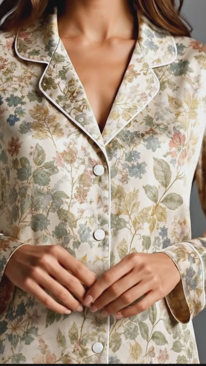 PJ-059-Satin Cream Vintage Floral White Piping Button Up Pajama Set