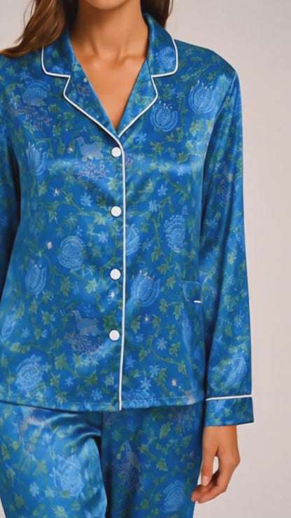 PJ-049-Satin Blue Vintage Botanical White Piping Button Up Pajama Set