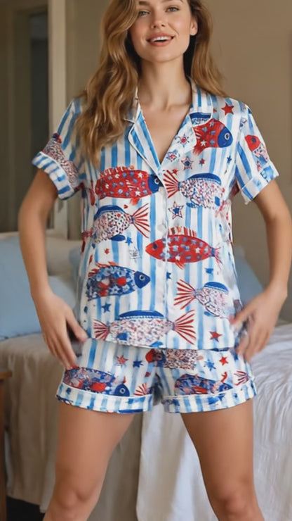 PJ-211-Unisex White Blue Satin Pajama Set with Patriotic Fish Pattern Button Down Sleepwear