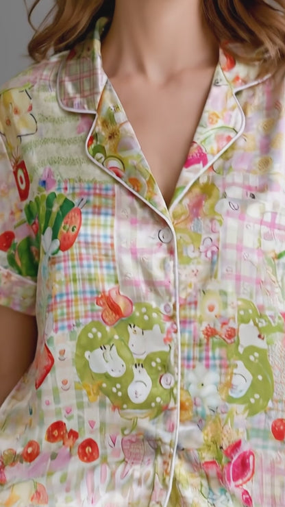 PJ-159-Satin Pastel Patchwork Storybook Picnic White Piping Button Up Pajama Set