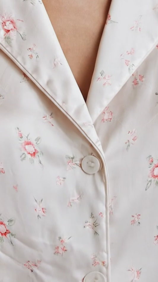 PJ-161-Satin White Ditsy Rose Classic Piping Button Up Pajama Set FREE SHIPING