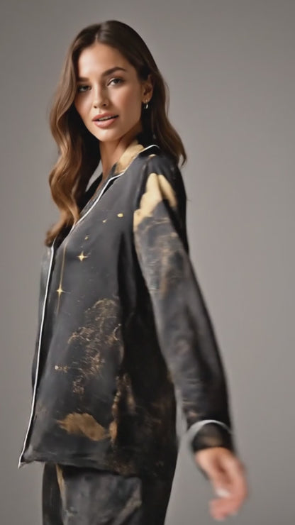 PJ-062-Celestial Silk Pajama Set, Black Gold Crescent Moon Star Print Loungewear Sleepwear