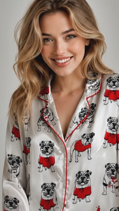 PJ-096-Unisex Bulldog Red Sweater Satin Pajama Set with High Quality Dog Illustration Print FREE SHIPING