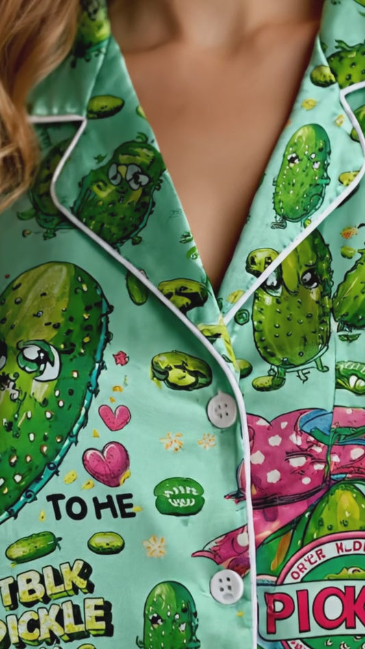 PJ-243-Funny Pickle Satin Pajama Set With Button Up Shirt And Elastic Waist Matching Bottoms FREE SHIPPING