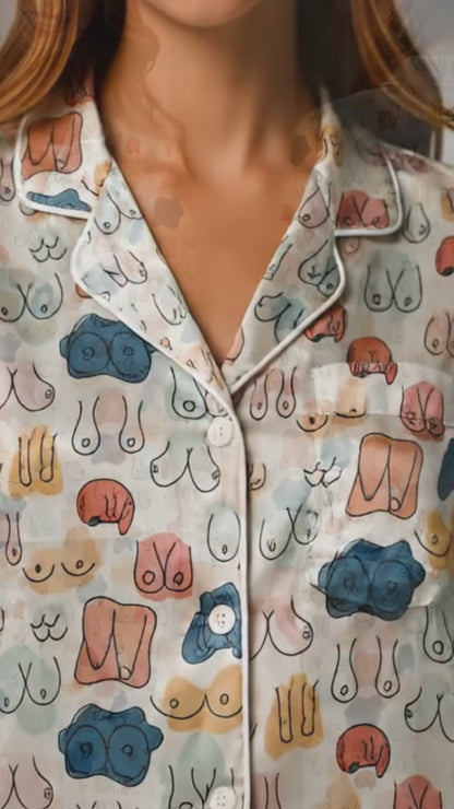 PJ-048-Satin Colorful Abstract Line Art White Piping Button Up Pajama Set