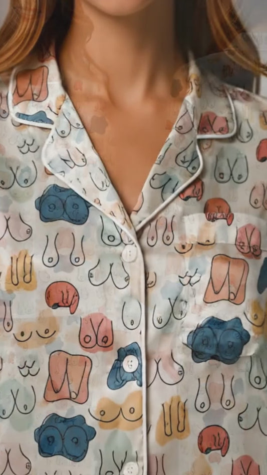 PJ-048-Satin Colorful Abstract Line Art White Piping Button Up Pajama Set FREE SHIPPING
